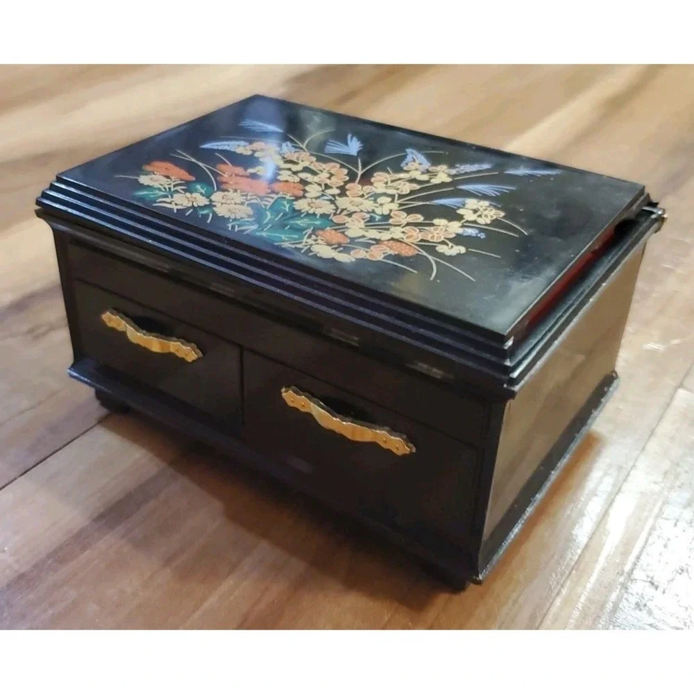 Vintage Asian Jewelry Trinket Box Black Gold‎ Multicolor Floral Motif